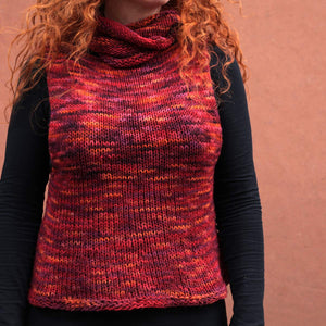 Handknitted garment in 8ply wool, Grevillea colour way.